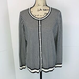 Talbots Women Petite Plus Size 1XP Cardigan Houndstooth Cotton Blend Black Ivory